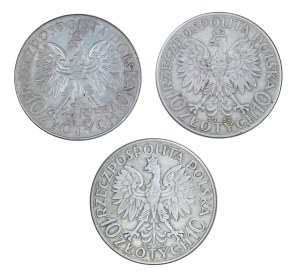 Set of 3 pcs. 10 gold, female head, Second Polish Republic 1923-1929