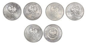 Set of the first 6 1995 2 zloty coins after the 1995-2021 denomination.