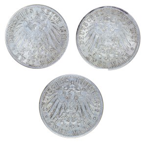 Zestaw 3 szt. 2 marki 1907 r., 1908 r., 1911 r., Prusy