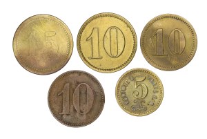 Set of 5 tokens, denominations 5, 10, 15