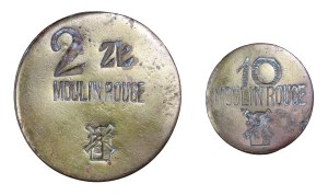 Set of 2 waiter tokens, Moulin Rouge restaurant, Warsaw, interwar period