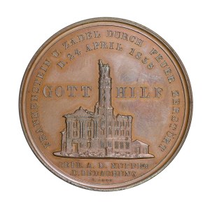 Medal z 1861 r., Śląsk, Ząbkowice (Frankenstein), wybity na pamiątkę odbudowy miasta po pożarze z 24.04.1858 r.