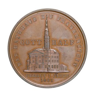 Medal z 1861 r., Śląsk, Ząbkowice (Frankenstein), wybity na pamiątkę odbudowy miasta po pożarze z 24.04.1858 r.