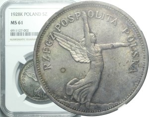 5 Gold 1928 Nike, mit Schild, Warschau, sehr schön