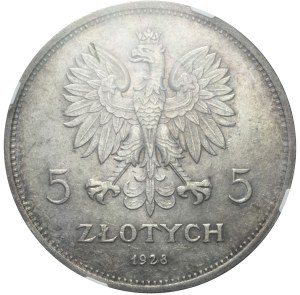 5 Gold 1928 Nike, mit Schild, Warschau, sehr schön