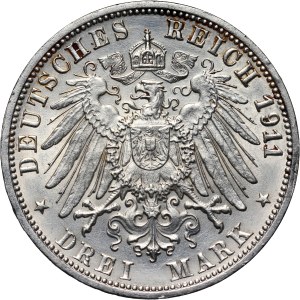 Germany, Wurttemberg, Wilhelm II, 3 Mark 1911 F, Stuttgart, Silver Wedding Anniversary