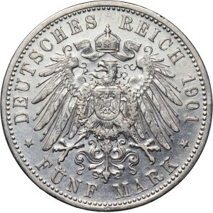 Germany, Saxe-Meiningen, George II, 5 Mark 1901 D, Munich, Duke's 75th Birthday