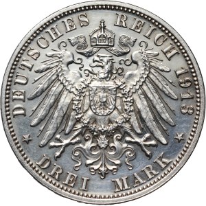 Germany, Saxony, Friedrich August III, 3 Mark 1913 E, Muldenhütten, Battle of Leipzig, PROOF
