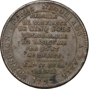 Francja, medal z 1792 roku, o wartości 5 soli, trade token, Birmingham