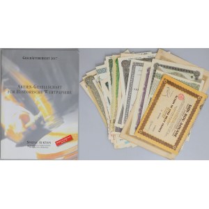 Europe, grand ensemble d'actions, d'obligations + catalogue de vente aux enchères, mélange, (50 pièces)