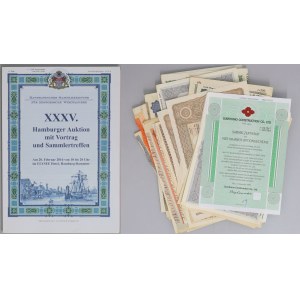 Monde, grand ensemble d'actions, d'obligations + catalogue de vente aux enchères, mélange, (50 pièces)