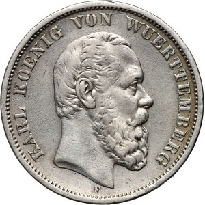 Germany, Württemberg, Charles, 5 Mark 1875 F, Stuttgart
