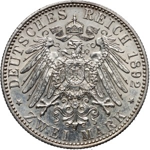 Germany, Reuss-Greiz, Henry XXII, 2 Mark 1892 A, Berlin, 25th anniversary of the reign