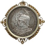 Numismatic jewelry, Germany, silver brooch with coin 2 marks 1901, 200th anniversary of the Kingdom of Prussia.