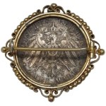 Numismatic jewelry, Germany, silver brooch with coin 2 marks 1901, 200th anniversary of the Kingdom of Prussia.