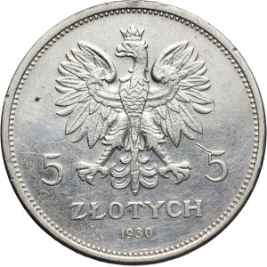 II RP, 5 zloty 1930, Warsaw, Banner, shallow stamp