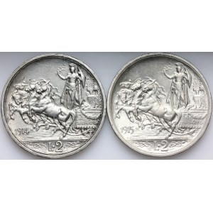Italien, Viktor Emanuel III, 2 Lire Münzsatz 1914-1915, (2 Stück)