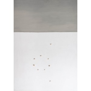 Koji Kamoji (ur. 1935, Tokio), Biały obraz z kamyczkami Nr 11, 2015