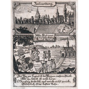 DOBROSZYCE (okres Oleśnicki). Panoráma mesta, symbolická scéna a erb rodu von Niesemeuschel; odvodený ...