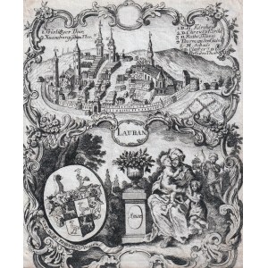 LUBAŃ. Panorama of the city, allegorical figure and coat of arms of the Reuss von Plauen family; taken from: Zittauisc...