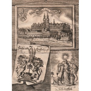 LUXEMBURG. Pohľad na kláštor; dole erb Freÿherren v Kaÿserlingku a alegorická postava; prevzaté z: ...