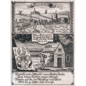 WĄSOSZ (district of Górowski). Panorama of the town, emblematic scene and coat of arms of von Bibra; taken from: Zit...