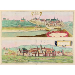 SANDIERZ, BIECZ. Panoramen von Städten auf einem gemeinsamen Blatt (reproduziert von einer einzigen Platte); entnommen aus: Civ...