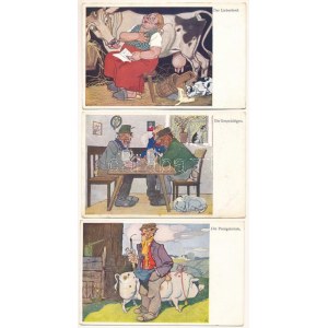 5 db RÉGI osztrák humoros művészlap. B.K.W.I. / 5 pre-1945 Austrian humour art postcards + K.u.k...