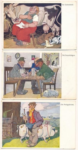 5 db RÉGI osztrák humoros művészlap. B.K.W.I. / 5 pre-1945 Austrian humour art postcards + 