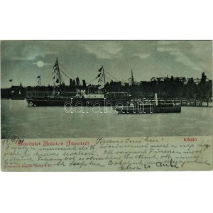 1899 Balatonfüred, kikötő, gőzhajó este holdfényben. Johannes Haacke kiadása (EK)