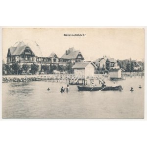 1916 Balatonföldvár, nyaralók, villák, fürdőház, stég, fürdőzők. Gerendai Gyula kiadása (ázott / wet damage...