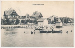 1916 Balatonföldvár, nyaralók, villák, fürdőház, stég, fürdőzők. Gerendai Gyula kiadása (ázott / wet damage...