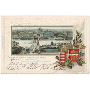 1901 Budapest, Lánchíd, Lipótváros egy része és a Bazilika. Magyar címeres dombornyomott litho keret / Emb...