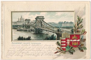 1902 Budapest, Lánchíd. Magyar címeres dombornyomott litho keret / Emb. litho frame with Hungarian coat of arms (lyuk ...