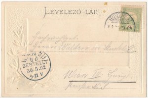 1902 Budapest, Lánchíd. Magyar címeres dombornyomott litho keret / Emb. litho frame with Hungarian coat of arms (lyuk ...