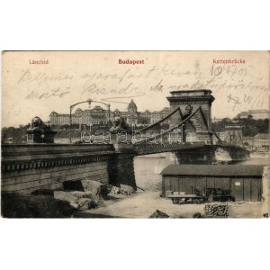 1913 Budapest I. Lánchíd pesti hídfője, raktár, lovaskocsi, ipari hajókikötő / Kettenbrücke / Chain Bridge, storage...