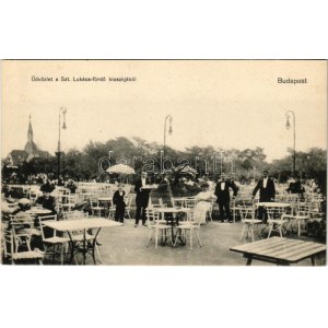Budapest II. Szent Lukács fürdő kioszkja, kert pincérekkel