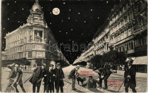 1909 Budapest VI. Andrássy út éjjel, humoros részeg montázs, macska, üzlet (EK)