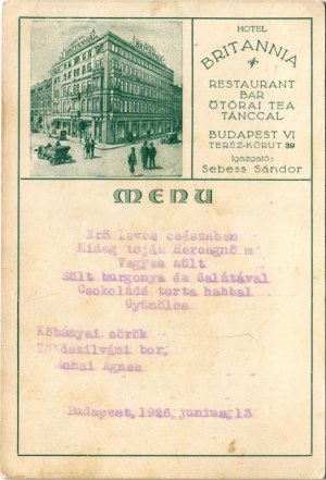 1926 Budapest VI. Hotel Britannia szálloda, étterem és bár, 