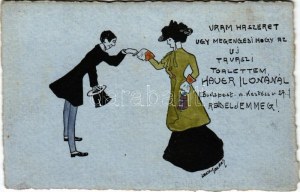 Budapest VII. Hauer Ilona reklámlapja, divatáruház, üzlet. Kertész utca 27. Mary Mill Nr. 679A. artist signed (EK...