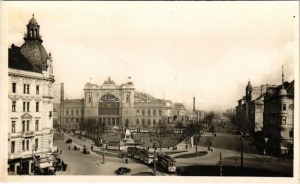 Budapest VII. Keleti pályaudvar, vasútállomás, villamosok, Takarékpénztári egyesület, patika, Park Hotel szálloda...