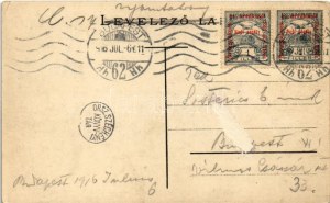 1916 Budapest VII. Keleti pályaudvar, vasútállomás. Szecessziós magyar zászlós és címeres keret, Art Nouveau (Rb...