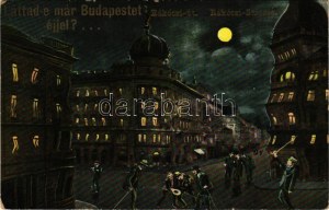 1910 Budapest VIII. Rákóczi út. Részeges humoros montázslap éjjel (gyűrődés / crease)