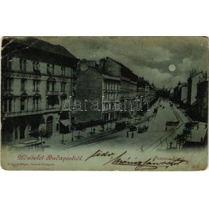 1901 Budapest IX. Ferenc körút télen este holdfényben, villamos (EB)