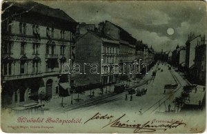 1901 Budapest IX. Ferenc körút télen este holdfényben, villamos (EB)