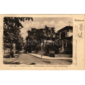 1905 Budapest XIV. Városliget, Aréna út (Dózsa György út) részlete, Ős Budavára reklám, hirdetőoszlop plakátokkal...