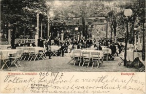 1906 Budapest XIV. Városliget, Wampetics F. vendéglője, étterem kerthelyisége pincérekkel (EK)