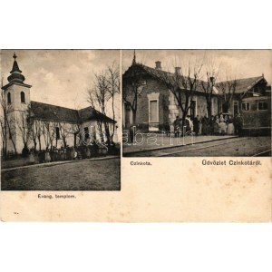 1908 Budapest XVI. Cinkota, HÉV (Helyiérdekű Vasút) vasútállomás, vonat, Evangélikus templom. Vános Manó kiadása (fl...