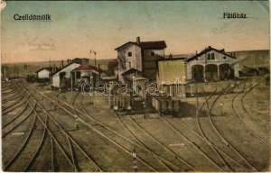 Celldömölk, MÁV (Magyar Államvasutak) fűtőház a vasútállomásnál, gőzmozdony, vonat. Vasúti levelezőlapárusítás 5808. ...
