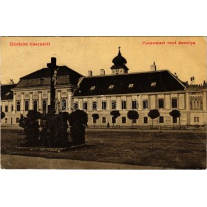 1908 Csorna, Premontrei rend kastélya. W.L.2092. + SZOMBATHELY - POZSONY 176. vasúti mozgóposta bélyegző (gyűrődések ...
